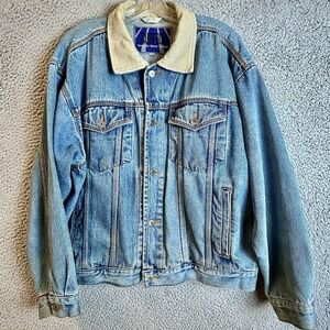 Vintage Western Men's Curfew Denim Jacket Blue Corduroy Brown Collar Size Large